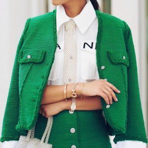 ZARA Green Tweed Blazer Fringe Hem Gemstone Buttons sz XS Zara Women Tweed ZARA